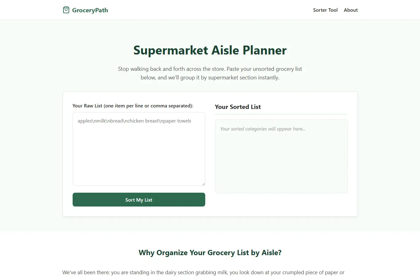 Screenshot of GroceryPath: Aisle Category Sorter interface showing the project page in use